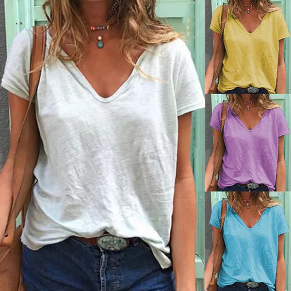 Solid Color V Neck Loose Blouse