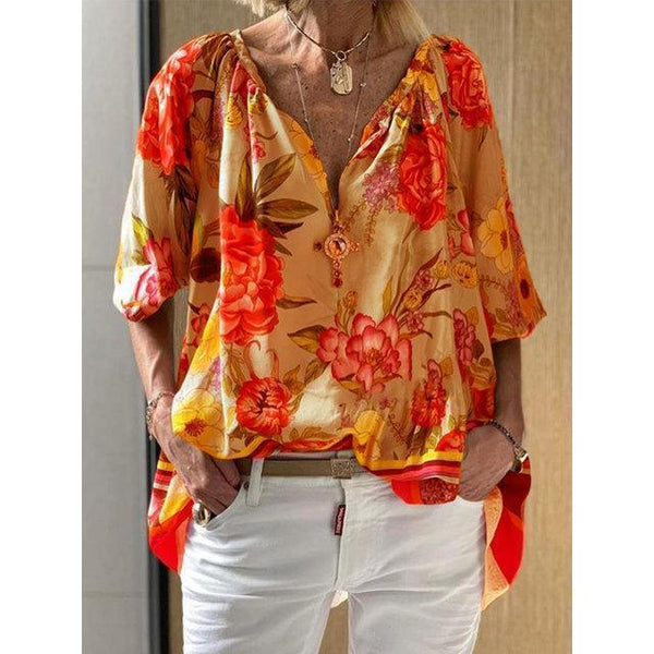 Floral Printed V-Neck Mid-Length Half Sleeve Blouse