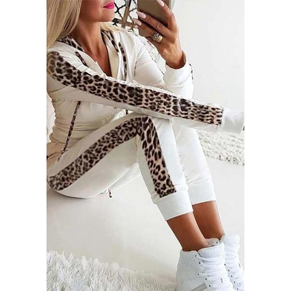 Women's Leopard Sporty Drawstring Hoodie & Pants Suit