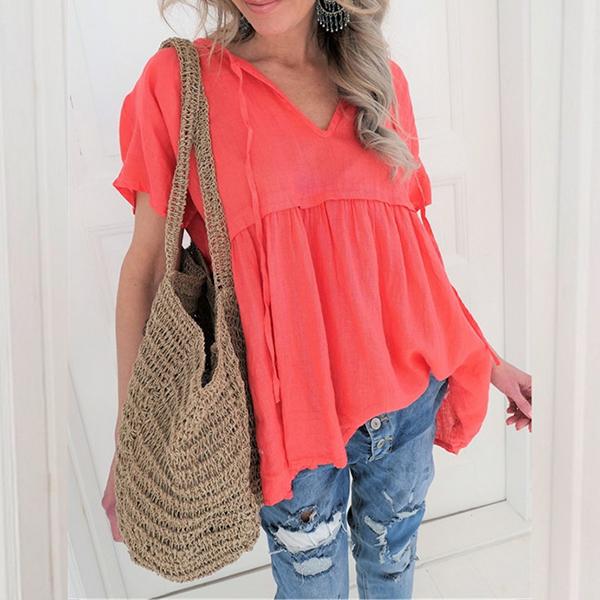 Loose Solid Color V Neck Blouse