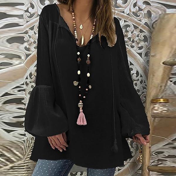 Women Loose V-Neck Flared Sleeve Blouse