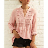 Chic Women Pleated V-neck Casual Blouse