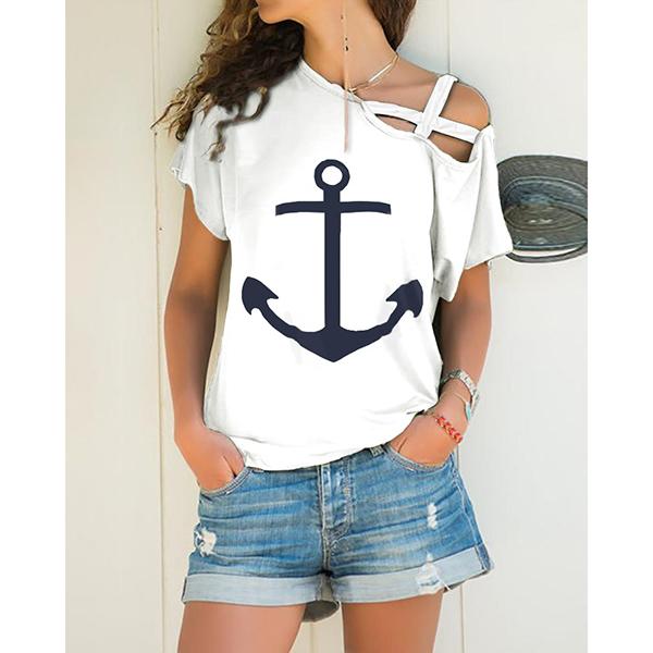 Casual X-strap Cold Shoulder Boat Anchor Print Tops