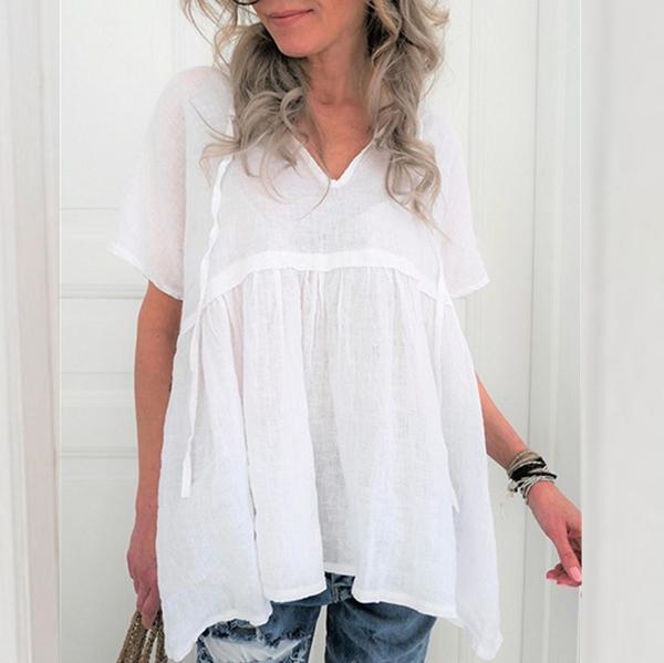 Loose Solid Color V Neck Blouse