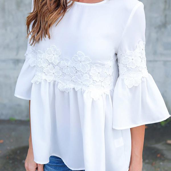 Solid Color Lace Stitching Ruffle Sleeve Blouse