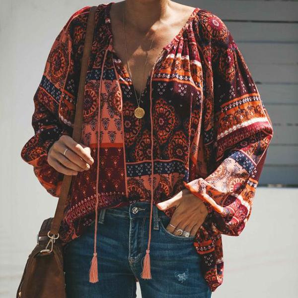 Bohemian V Neck Long Sleeve Blouse