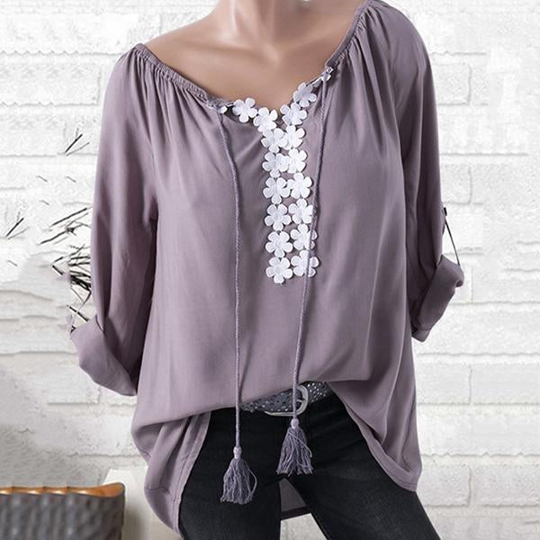 Casual V Neck Tassel Solid Color Blouse