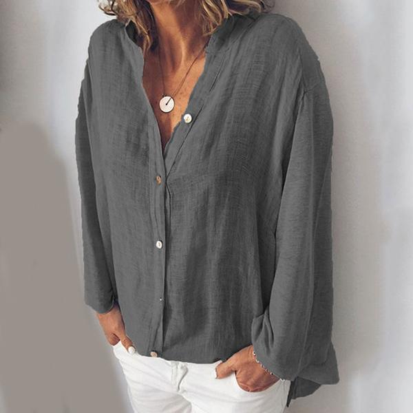 Cotton and  Linen V-neck Solid Color Loose Casual Blouses