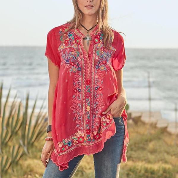 Bohemian Embroidery V Neck Loose Blouse