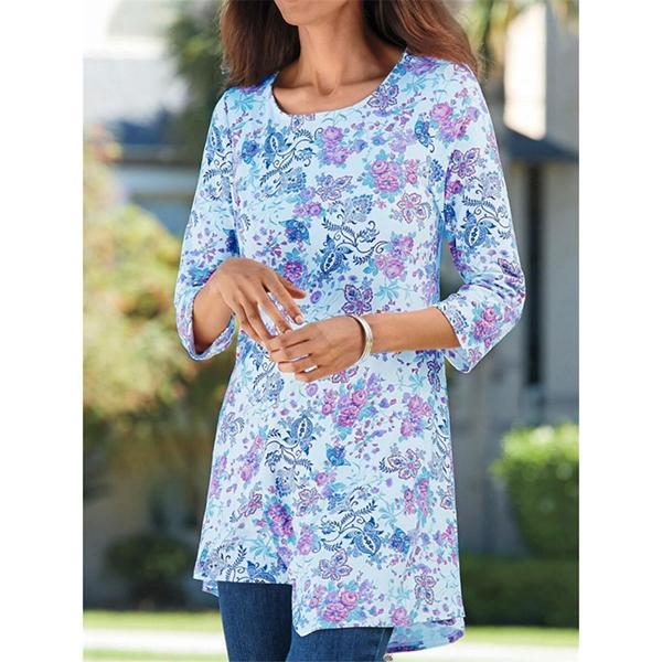 Floral Irregular Hem Round Neck Blouse