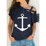 Casual X-strap Cold Shoulder Boat Anchor Print Tops