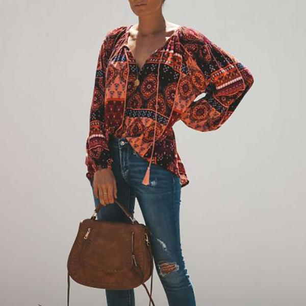 Bohemian V Neck Long Sleeve Blouse