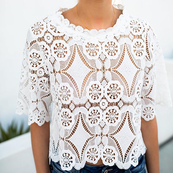 Chic Lace Hollow Short Sleeve Blouse