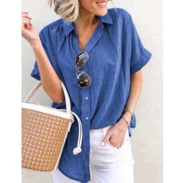 Striped Lapel Short Sleeves Button Blouse