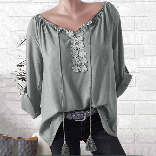 Casual V Neck Tassel Solid Color Blouse