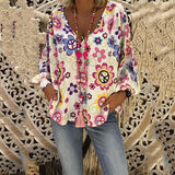 V Neck Flower Printed Loose Blouse