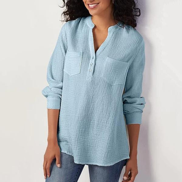 Solid Color V Neck Pocket Blouse