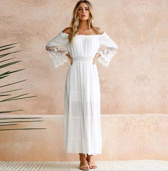 Women White Boho Sexy Lace Beach Maxi Long Dress