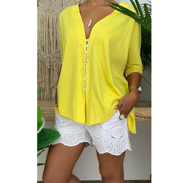 Lace V-Neck Button Solid Loose Shirt