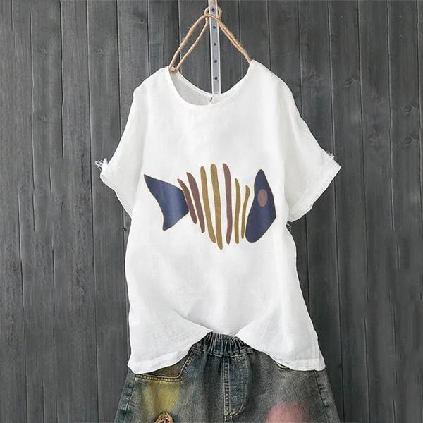 Plus Size Fish Printed Solid Color Blouse