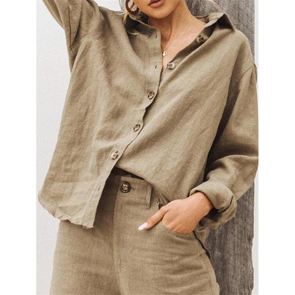 Solid Color  Lapel Neck Button Blouse