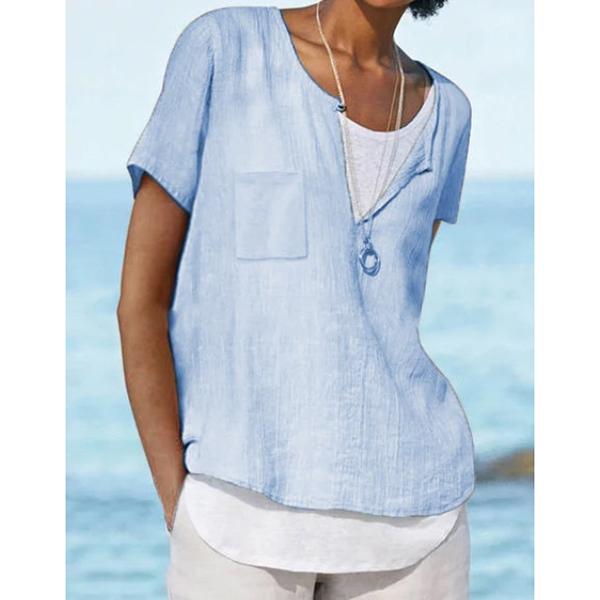 Solid Color Short Sleeve Pocket Casual Tops