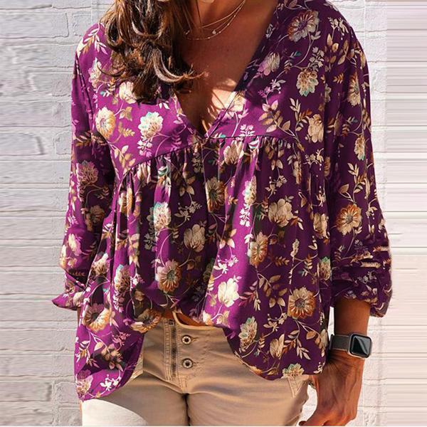 Vintage V-Neck Floral Long Sleeve Tops