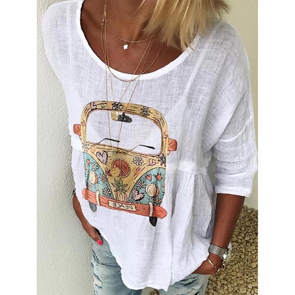 Casual Loose 3/4 Sleeve Round Neck Printed Tops