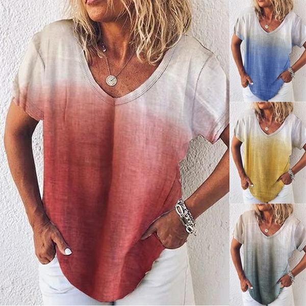 Summer V Neck Short Sleeve Gradient Women Tops