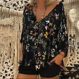 Ladies Thin Butterfly-print Cropped Sleeve Blouses