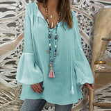 Women Loose V-Neck Flared Sleeve Blouse