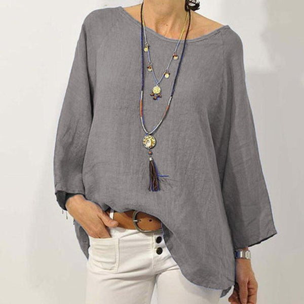 Plus Szie Solid Color Cotton Linen Round Neck Shirt