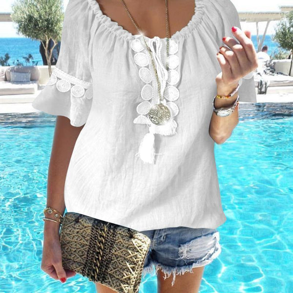 Plus Size Casual Neckline Drawstring Lace Short Sleeves Top