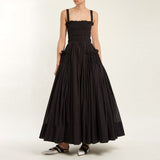 New Stylish Summer Fashion Solid Color Casual Sling Backless Pleated Shrink Waist Maxi Dress