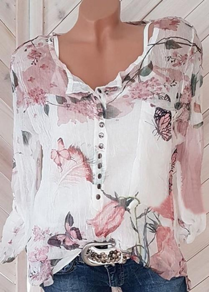 Women Floral Printed V-neck Long Sleeve Blouse