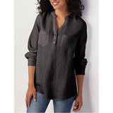 Plus Size Pocket Solid V Neck Casual Blouse