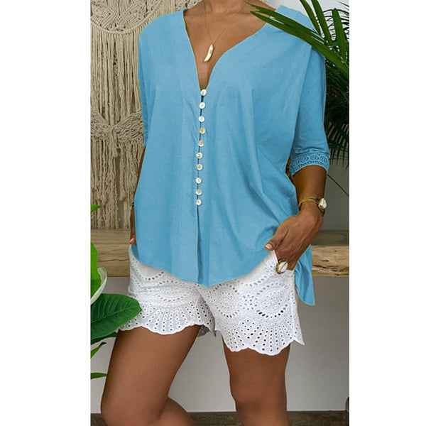 Lace V-Neck Button Solid Loose Shirt