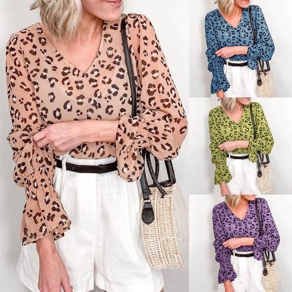 Leopard V Neck Ruffle Sleeve Blouse