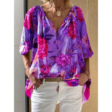 Floral Printed V-Neck Mid-Length Half Sleeve Blouse