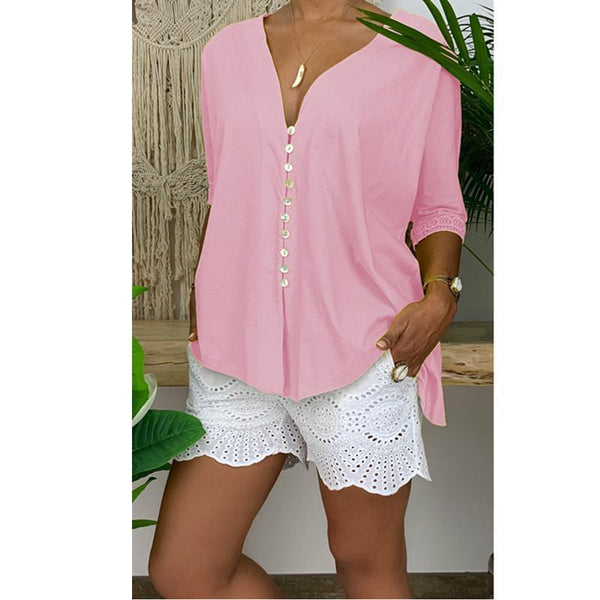 Lace V-Neck Button Solid Loose Shirt