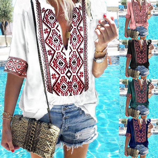 Bohemian Printed V Neck Blouse