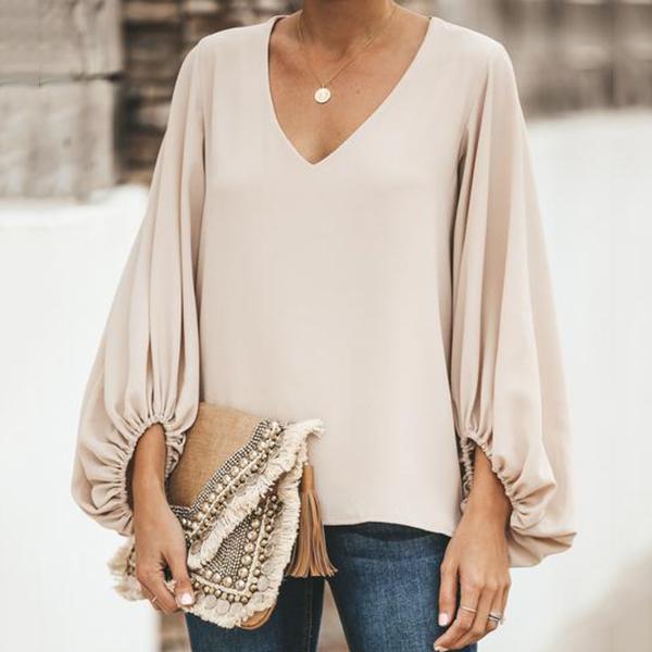 Solid Color Lantern Sleeve Blouse