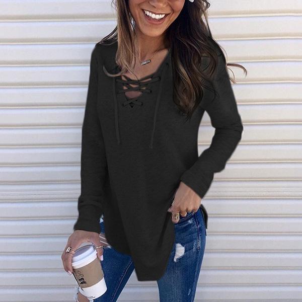 Casual Solid Lace Up V-Neck Blouse