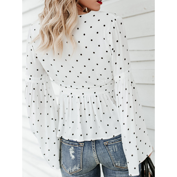 Sexy V Neck Polka Dot Lace-Up Blouse