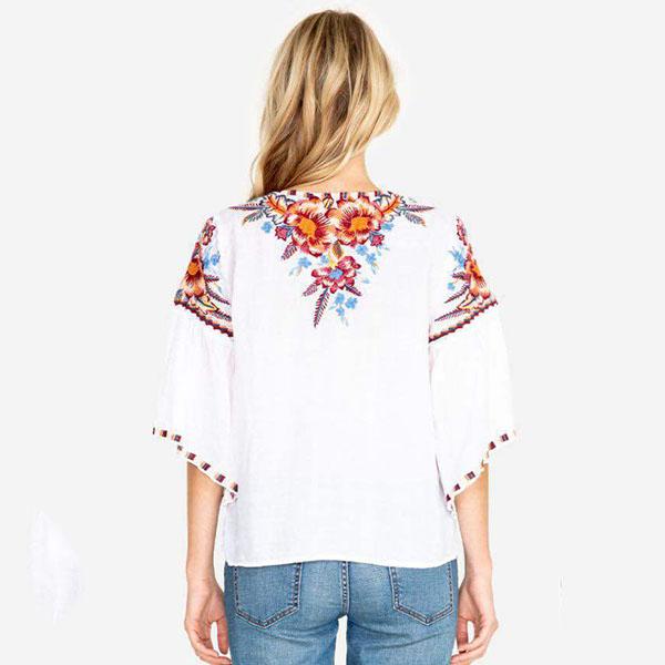 Bohemian Embroidery Lace-Up Blouse