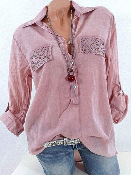 Casual Lapel Long Sleeve Sequins Decorated Women Shirts