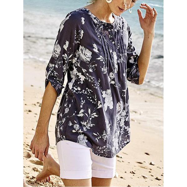 Casual Cotton Blend V-Neck Printed  Blouse