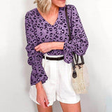 Leopard V Neck Ruffle Sleeve Blouse