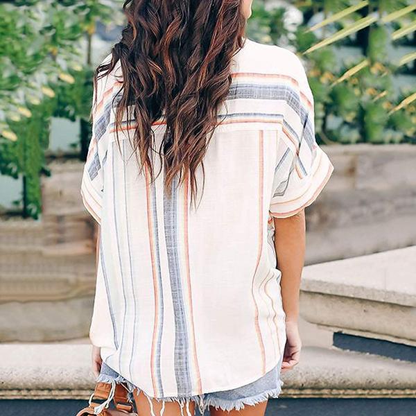 Casual Loose Stripe Lapel Pocket Blouse