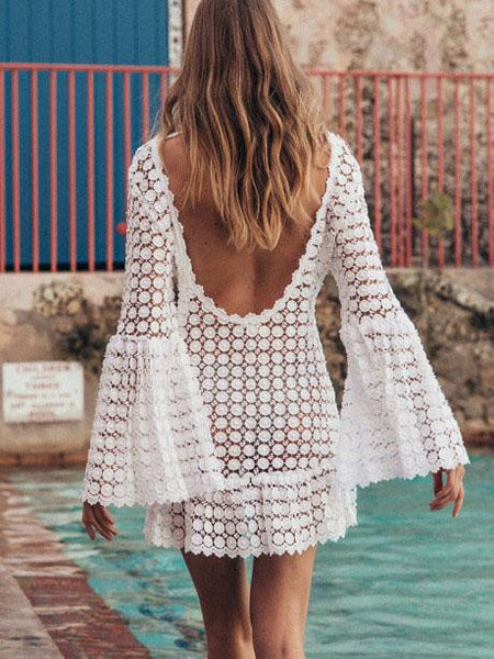 Lace Hollow Flared Sleeve Backless Mini Dress